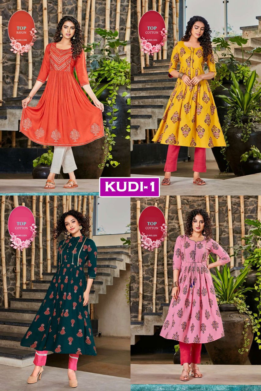 Kudi 1 Latest Fancy Designer Flair Style Ethnic Wear Rayon Long Printed Kurtis Collection
